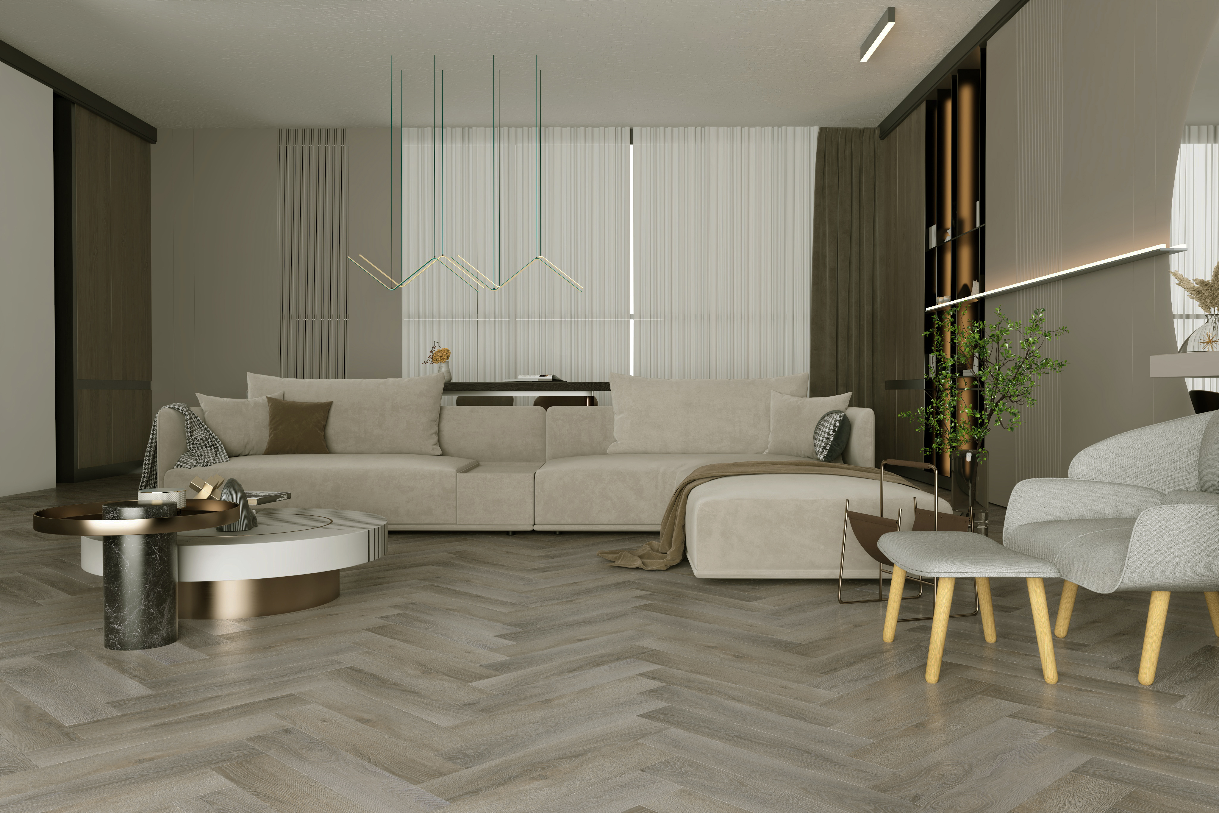 Кварцвиниловый SPC ламинат Home Expert Parquet Дуб Вековой лес 33-2180-01 / 33-3005 венгерская елка 615×123×3,5 фото в интерьере